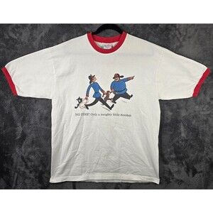 Vintage Curious George 1995 No Fire Naughty Monkey Red Ringer T-Shirt XL Cartoon